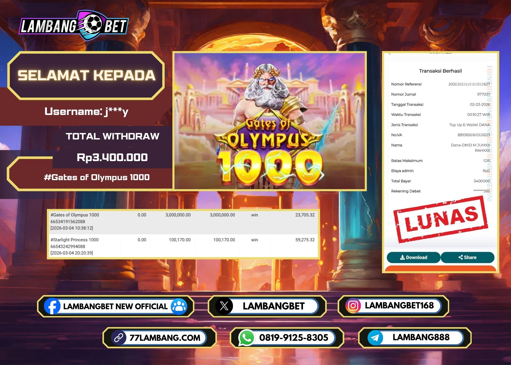 LAMBANGBET [2 MARET 2025] JACKPOT SLOT Gates of Olympus 1000 "Rp3.400.000" LUNAS